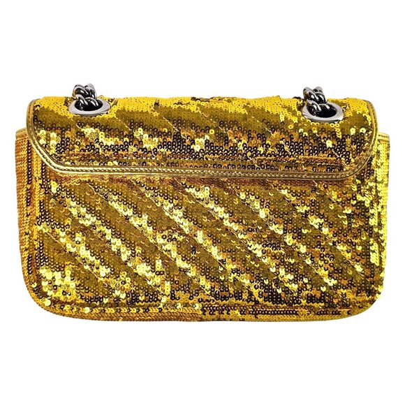 GUCCI Sequin Matelassé Diagonal Mini GG Marmont Shoulder Bag Gold Chain 2 Way - Picture 7 of 16